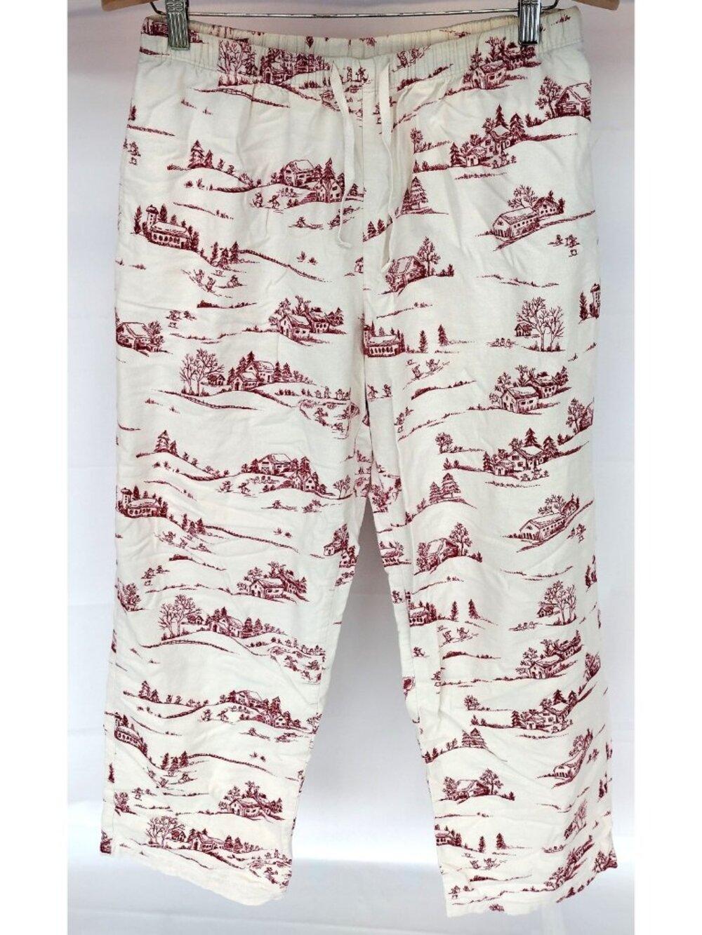 LL Bean Holiday Toile Pattern White and Red Fleece Pajama Pants Men's Small